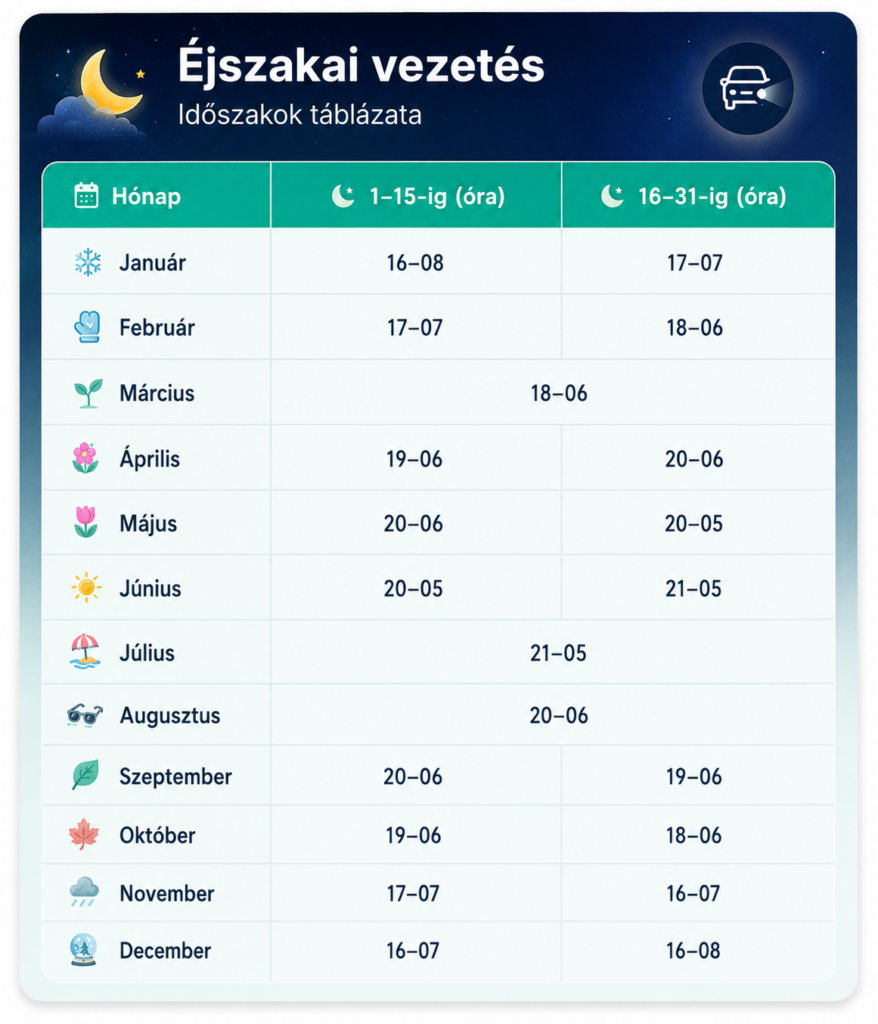 Éjszakai vezetési időszakok táblázata